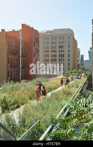 New York, USA - 12 août 2012 : Green highline Park à New York. Les gens qui marchent sur le parc urbain aux beaux jours Banque D'Images