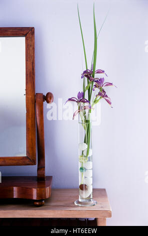 Vase de fleurs violettes par un miroir. Banque D'Images