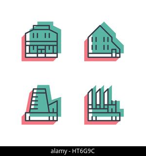 Différents, un bâtiment icon set. 3D anaglyphe. Illustration de Vecteur