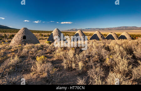 Fours, grands arbustes à broussailles, au parc national Ward Charcoal Ovens au coucher du soleil, Great Basin Desert près d'Ely, Nevada, USA Banque D'Images