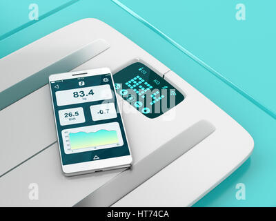 Balance intelligente et un smartphone avec le poids de l'information sur c'est afficher Banque D'Images