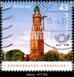 Allemagne - circa 2007 : timbre imprimé en Allemagne, présente le Oberfeuer Bremerhaven phare (construit en 1855), vers 2007 Banque D'Images