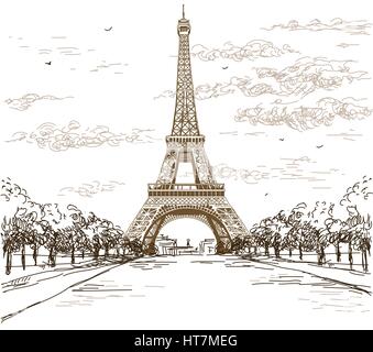 Paysage avec la tour Eiffel en noir et blanc sur fond gris vector dessin illustration Illustration de Vecteur