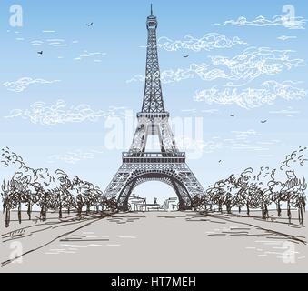 Paysage avec la tour Eiffel en noir et blanc sur fond gris vector dessin illustration Illustration de Vecteur
