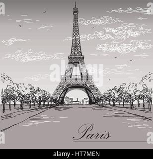 Paysage avec la tour Eiffel en noir et blanc sur fond gris vector dessin illustration Illustration de Vecteur