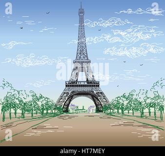 Paysage coloré avec dessin à la main Tour Eiffel vector illustration Illustration de Vecteur