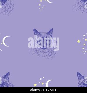 Modèle vectoriel continu avec cat, des étoiles et de la lune sur fond bleu illustration Illustration de Vecteur