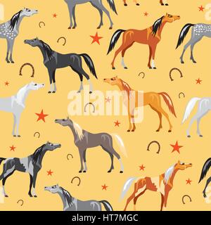 Modèle transparent avec des chevaux, étoiles et fers à cheval sur fond jaune Illustration de Vecteur