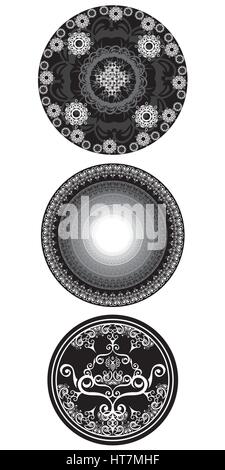 Mandala en noir et blanc, orné d'arrière-plan géométrique. Décoration ornement floral ronde, isolée de l'élément de conception. Motif ethnique Tribal, doodle lace patt Illustration de Vecteur