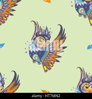 Modèle vectoriel continu avec des dessins et des plumes bleu et orange sur fond vert Illustration de Vecteur