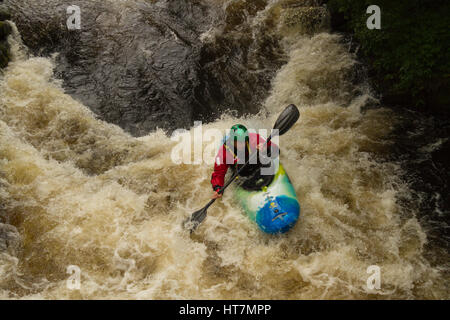 Kayakiste de mâles à travers rapides de pagayer sur la rivière à Tryweryn le National White Water Centre près de Bala North Wales Banque D'Images