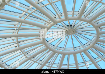 Dôme de verre d'un immeuble moderne. Vue depuis l'intérieur de la pièce. Construction légère de toit transparent fait de tubes en acier rond. Bac d'architecture Banque D'Images