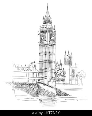 Londres monument. paysage de Londres. tour de Big Ben. vector illustration croquis dessiné à la main. Illustration de Vecteur