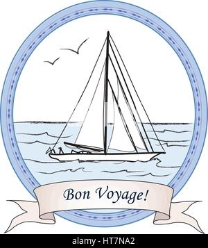 Bon voyage vintage travel card. bateau en mer nautique océan. bannière icône. vector illustration croquis de bateau dans la mer. Illustration de Vecteur