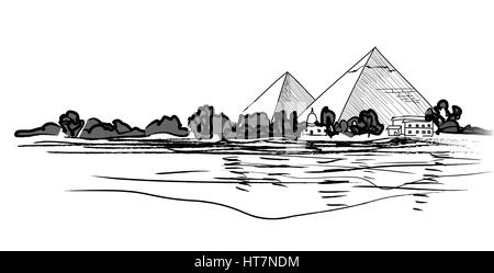 Pyramides paysage. crayon hand drawn vector illustration. Illustration de Vecteur