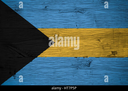 Bahamas drapeau peint sur de vieux bois de chêne. La peinture est colorée sur bandes de vieux train transport. Banque D'Images