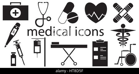 Le noir et blanc ensemble d'icônes médicale isolée en vecteur de fond blanc. Illustration de Vecteur