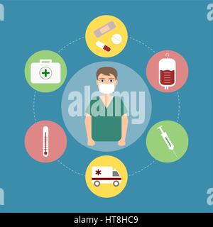 Professionnels des soins médicaux en costume avec un masque chirurgical. Médecin entouré d'icônes médicale. Concept d'urgence, chirurgien. Premier élément d'aide. Vector Illustration de Vecteur