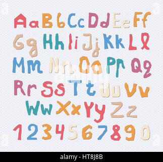 Ensemble de lettres minuscules, capital colorés avec des nombres de l'alphabet et l'ombre sur fond gris carré Illustration de Vecteur