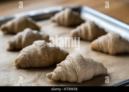 Pas de grains entiers crus boulangerie croissants sur un plat à four avec du papier sulfurisé Banque D'Images