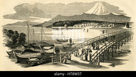 Gravure 1854 anciens, 'View de Jeddo, la capitale du Japon.' Jeddo et Yedo ou Yeddo sont anglicisations se référant à la ville et le port d'Edo, le Japon et la grande baie, et généralement à l'arrêt du shogunat japonais pendant les années 1850 et 1860, qui était fondée à Edo. Après 1868, Edo a été rebaptisée Tokyo. SOURCE : gravure originale. Banque D'Images