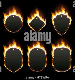 Ensemble de six images de différentes formes avec de l'espace texte entouré de flamme réaliste isolé sur fond noir. Un feu brûlant effet de lumière. Le BONFIRE Illustration de Vecteur