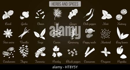 Grand ensemble de plats simples herbes culinaires et les épices. Silhouettes Blanc sur noir Illustration de Vecteur