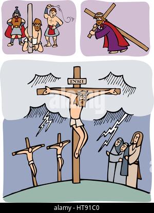 Passion du Christ. Jésus est fouetté par les Romains, puis il a porté la croix jusqu'à ce qu'une colline appelée Golgotha, où il est crucifié. Illustration de Vecteur