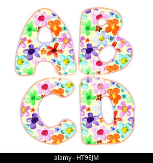 Alphabet de fleurs Aquarelle colorée. Les lettres A, B, C, D
