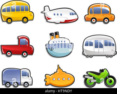 Icônes de transport, avec bus, avion, voiture, camion, camion, navire, sous-marin, moto. Vector illustration Cartoon. Banque D'Images