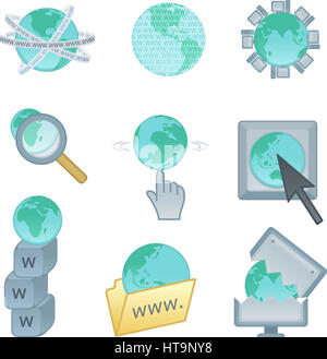 World wide web internet icons set. Ordinateur avec accès internet à icônes liées mélangé avec www et le pointeur. Vector illustration cartoon. Banque D'Images