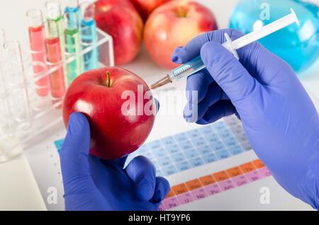 L'injection de liquide dans l'analyste d'Apple. Les aliments génétiquement modifiés dans lab concept. Banque D'Images