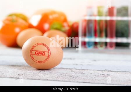 Close up of egg avec les OGM modification stamp. La conception des aliments génétiquement modifiés Banque D'Images