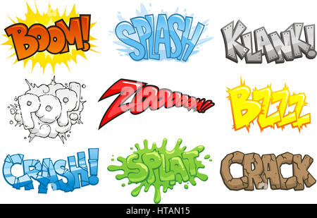 Comic Books Cartoon Effets sonores onomatopée, vector illustration cartoon. Boom, splash, klank, plop. zoom, crash, splat, le crack. Banque D'Images