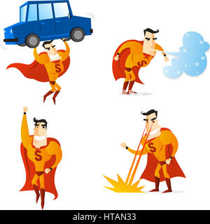 Super Héros à l'aide de quatre pouvoirs différents dans quatre situations différentes, de soulever une voiture, voler, prendre le vent et de mettre le feu, avec costume orange et le cap, ve Banque D'Images