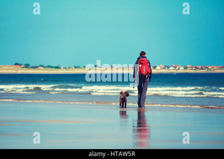 Un randonneur et son chien marchant le long d'une plage de sable ensoleillée. Embleton Bay, en Angleterre. Style de couleur et de grain appliqué. Banque D'Images