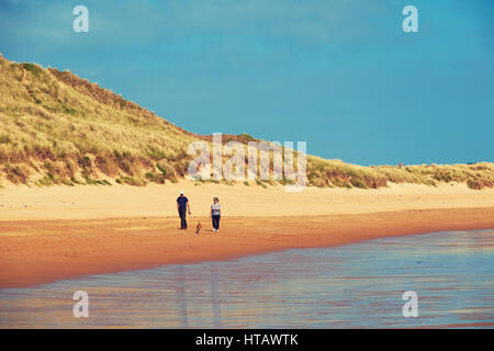 Un couple et leur chien marchant le long d'une plage. Embleton Bay, au nord-est de l'Angleterre.UK. Banque D'Images