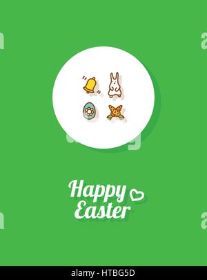 Joyeuses Pâques. Carte de vœux ou modèle de page avec l'icône d'oeufs à la main, lapin de Pâques, la cloche qui sonne et deux carottes. Fond vert lumineux Illustration de Vecteur