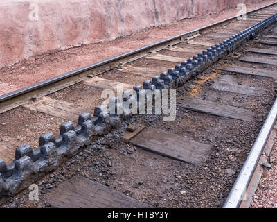 Rack Cog et pistes, Cog Railway Depot, Manitou Springs, Colorado. Banque D'Images