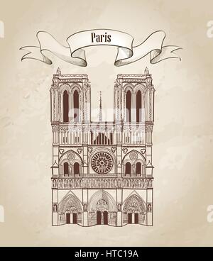 La cathédrale Notre Dame de Paris, France. dessin à la main vector illustration isolé sur fond de papier ancien. Illustration de Vecteur