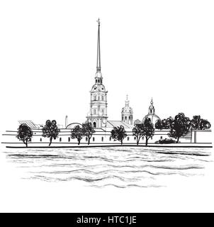 St.-petersburg monument Pierre et Paul cathédrale. Fédération cityscape vector background. paysage : à partir de la vue sur la rivière Neva, forteresse Pierre et Paul à l'al. Illustration de Vecteur