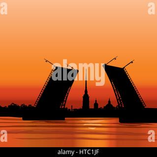 St Petersbourg monument. forteresse Pierre et Paul sunset cityscape vector background. palace bridge sur la rivière Neva. Saint-Petersbourg, Russie. Illustration de Vecteur