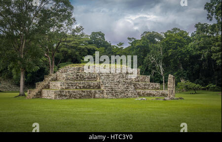 Pyramide et Stella en grande place de ruines Maya de Copan - Site archéologique, Honduras Banque D'Images