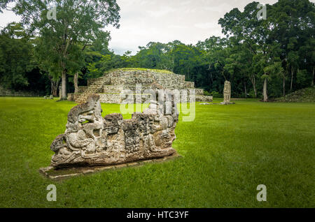 Pyramide et Stella en grande place de ruines Maya de Copan - Site archéologique, Honduras Banque D'Images