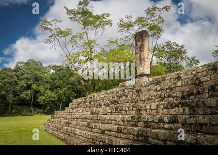 Pyramide des escaliers et Stella sculpté dans les ruines mayas - Site archéologique de Copan, Honduras Banque D'Images