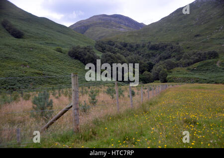 Une clôture conduisant à une Érec' Ghlinne Bothy dans Glen Arnisdale avec la montagne écossais Beinn Corbett nan Caorach dans l'arrière-plan, Banque D'Images