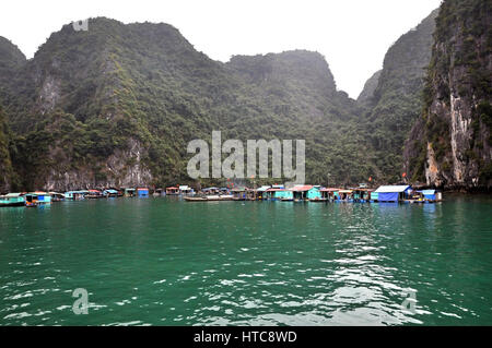 La baie d'HALONG - Dec 27 : village de pêcheurs flottant dans la baie d'Halong visité par les touristes. La baie d'Halong fait partie de l'Unesco et l'une des nouvelles Sept merveilles naturelles Banque D'Images