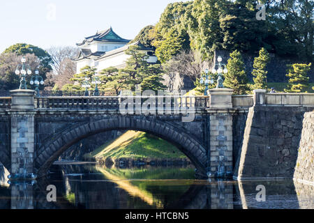 Seimon Ishibashi pont qui mène à la porte principale de la Palais Impérial de Tokyo, Tokyo, Japon. Banque D'Images