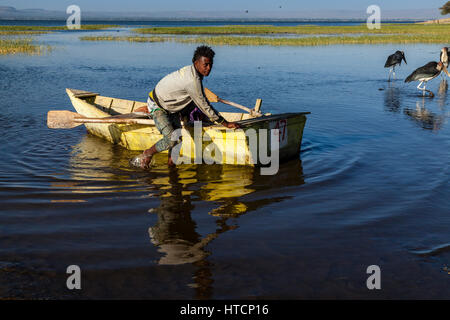 Un pêcheur local renvoie au "marché aux poissons" sur les rives du lac Awassa, à l'aube après la pêche toute la nuit sur le lac, le lac Awassa, Ethiopie Banque D'Images