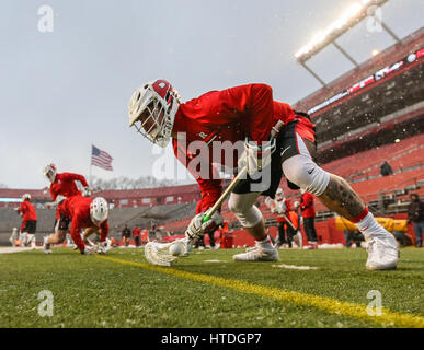 Piscataway, NJ, USA. 10 Mar, 2017. Les joueurs vous réchauffer dans la neige avant qu'une partie de crosse mens NCAA entre les loups de Stony Brook et le Rutgers Scarlet Knights à High Point Solutions Stadium à Piscataway, New Jersey a battu Rutgers Stony Brook 17-4. Mike Langish/Cal Sport Media. Credit : csm/Alamy Live News Banque D'Images